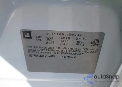 2015 Chevrolet Cruze 2Lt Auto from USA, damaged, VIN 1G1PE5SB4F7194102